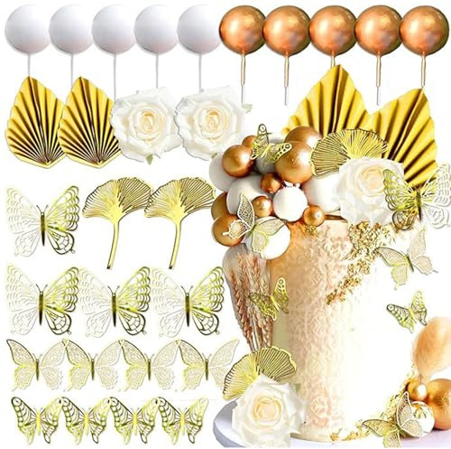 KASESSS 28 Piezas Decoracion Tartas Cumpleaños, Flores Decoración Tarta, Boho decoración de Pasteles, Cake Toppers Flores Artificiales Mariposa para Cumpleaños, Fiesta de Bodas, Baby Shower
