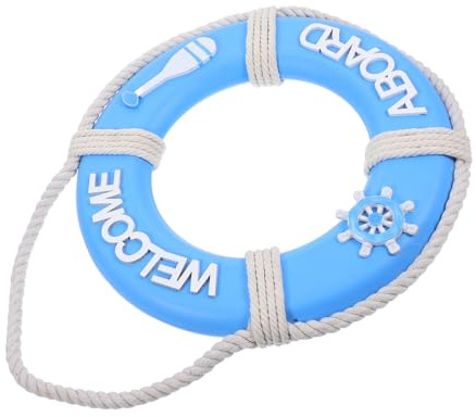 COOLHIYA Mediterranean Style Wall Hanging Beach Wall Sculpture Life Ring Wall Art Lifebuoy Wall Hanging Decor Nautical Life Ring Decoration Wall Lifebuoy Decor Home Decor Sky-blue Wooden