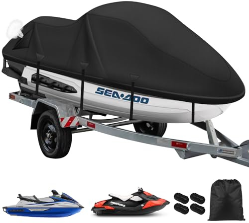 Jet Ski Abdeckplanen für Boote,900D Schwerlast Jetski Bootspersenning,wasserdichte,2 Belüftungsöffnungen,Upgrade Windschutzschnallen mit dreieckiger Gewebeverstärkung,Bootsabdeckplane (3XL Schwarz)