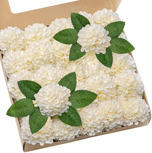partiazy Artificial Flowers, 25pcs Cream Artificial Rose for Centerpieces | Real Touch Dahlia Fake Flowers with Stem for Bridal Shower DIY Bouquets Arrangements Wedding Party Home Decorations