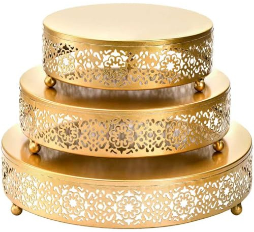 Yumzxin 3 Pack Cake Stand Set, Round Metal Dessert Display Stands 12/10/8 inch for Wedding, Birthday Party, Event Decor (Gold-3pcs)
