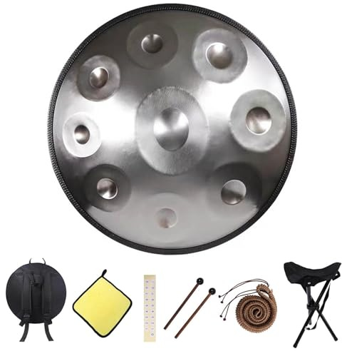 55Cm Handpan Drum Instrument Steel Drum 9/10/12 Notes Stahl-Handpan-Trommel 432Hz/440Hz Hand Pan Mit Soft Hand Pan Tasche, Schlegel, Ständer(Silver,432HZ/12Note)