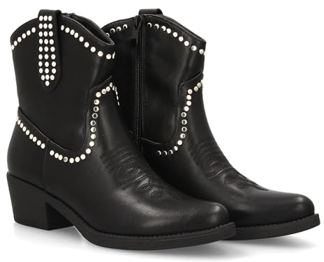 shoes&blues.es Stivaletto da donna cowboy con borchie. Tacco basso, stampa liscia e chiusura a zip, per stagione invernale ottono., Nero , 38 EU