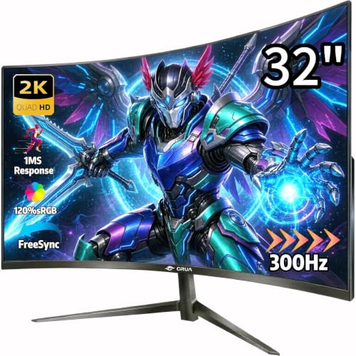 CRUA 32 Zoll Curved Gaming Monitor, QHD 2560x1440P, 300Hz, 1ms, 1500R VA Panel, 120% sRGB, AMD FreeSync, HDMI & DisplayPort, Ultra-Wide PC Monitor für Gaming & Office, Wandmontage - Schwarz