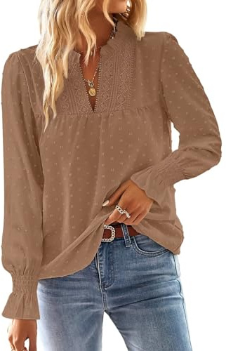TUUHAW Långärmad T-shirt dam höst elegant v-ringad blus 2025 mode broderi spets topp enfärgad kläder, mocka, M