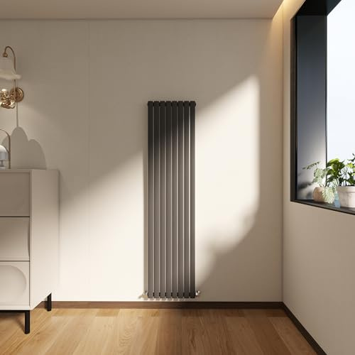 Vertical Designer Column Radiator, 1600x472mm Column Radiator Anthracite Oval Column, Single Panel Tall Upright Heater for Living Room, Central Heating Heater, Grey Radiator, Wall Mounted Rads