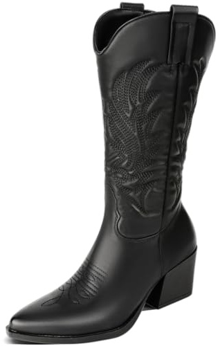 Genesandro Cowboy stövlar kvinnor med 6 cm blockklack, västerländska stövlar av PU-läder med medelhögt skaft, bekväma cowboystövlar för höst och vinter i ett mode vintage utseende, Svart med broderi