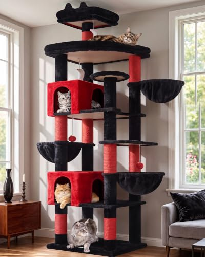 Globlazer S82 Kratzbaum Schwarz Rot Groß XXL Stabil 210cm für Große Katzen | Luxus Katzenbaum mit mit 2 Katzenhaus, Große Plattform, 3 Korb, Sitzstangen, für 3-5 Große Katze Ausruhen Spielen Kratzen