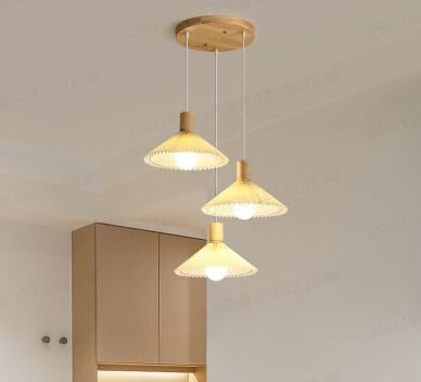 Goeco Pendelleuchte Vintage, Hängelampe Esstisch 3 Flammig, Holz Und Stoff-Lampenschirm Pendellampe Hängend E27, Höhenverstellbar Deckenleuchte für Esszimmer Wohnzimmer Schlafzimmer