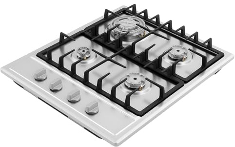 Gaskochfeld 4 Flammig Edelstahl Gasherd 3.0KW+1.75KW+1.0KW Eingebautes Kochfelder mit Gusseisernen Stützen Erdgas 59×51cm Einbau Gaskocher Vier Brenner Gas Herd für Innenbereich Wohnmobil