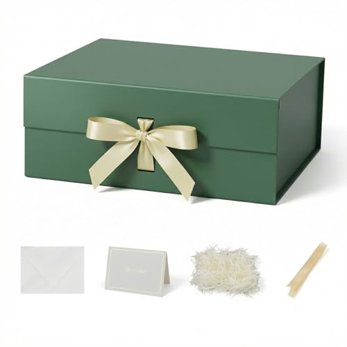 Caja de regalo grande verde con tapa 32x28x13,5 cm, caja para regalo Empaque cumpleaños, caja de zapatos al por mayor, Navidad Incluye relleno de papel triturado, tarjeta de sobre y cinta