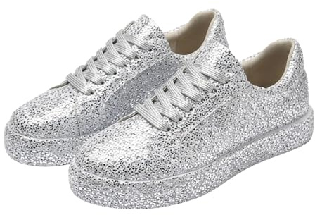 Damsneakers, paljetter, skor, andas, lätta glitterskor, sportskor, platta, bekväma, glänsande glitterskor, sneakers, promenadskor, fritidsskor, löparskor, silver, 35 EU