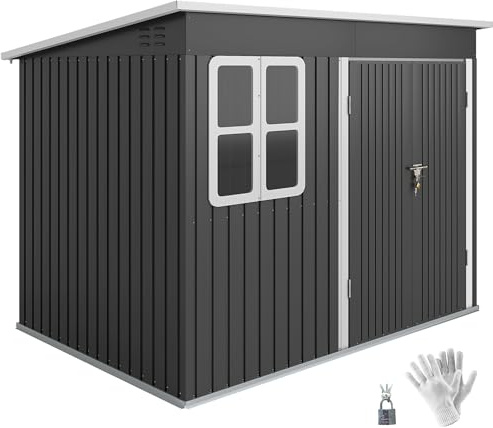 Outsunny Metall Gerätehaus 4,13 m² Pultdach 260 x 177 x 190 cm Dunkelgrau | Geräteschuppen Mit Fenster, Lüftungsöffnungen, Abschließbarer Breiter Tür, Bodenrahmen, Wetterfest, Gartenhaus Außenbereich