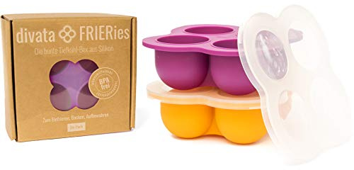 Eiswürfelform mit Deckel, 2er Set (divata FRIERies, Beere/Orange) – Silikon Gefrierform | Nahrung Einfrieren, z.b. Babybrei, Gewürze, Muttermilch
