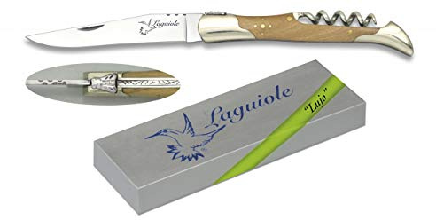 Navaja LAGUIOLE Alpaca y Olivo Sacacorchos 9 cm para Caza, Pesca, Camping, Outdoor, Supervivencia y Bushcraft Albainox 19256 + Portabotellas de regalo