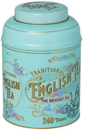 New English Teas Vintage Victorian Tea Tin with 240 English Breakfast Teabags for Tea Lovers, Forget Me Not Florals and Classic Tea Set Design