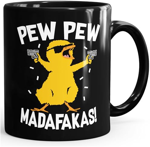 MoonWorks® Kaffee-Tasse mit Spruch Pew Pew Madafakas Crazy Chick Küken Meme Trend Bürotasse lustige Kaffeebecher Schwarz Keramik-Tasse