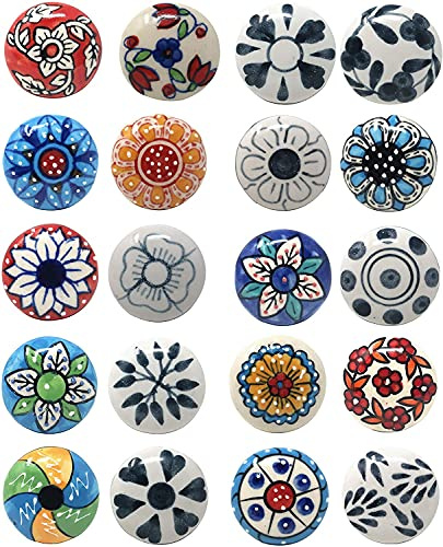 Ajuny Ceramic Cupboard Knobs Set of 10 – Multicolour Floral Drawer Pulls for Kitchen Cabinets, Bathroom, Dressers & Wardrobes – Handmade Pottery Decorative Handles, Fixings Included
