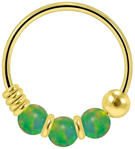 AZARIO LONDON Triple Green Opal Stone 22 Gauge (0.6MM) - 8mm Diameter Gold Plated 925 Sterling Silver Open Hoop Nose Ring Jewellery