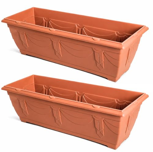 VR7 60cm Long Window Box Planter with Tray Plastic Trough Planter - Outdoor Venetian Window Planter for Balconies & Gardens - Weatherproof & Frost Resistant (2 Pack)