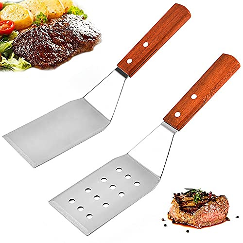 2 Pièces Spatule BBQ, Set de Spatules En Acier Inoxydable, Spatule En Métal, Acier Inoxydable Perforé Spatule à Griller avec Manche En Bois pour Teppanyaki, Barbecue, Steak, Pizza