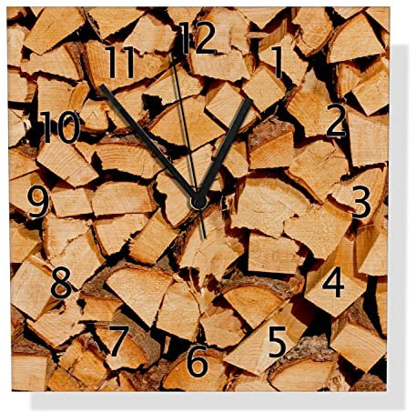 Wallario Design Wanduhr Holzstapel gehackt - Holzscheite für den Kamin aus Aluverbund, Alu-Uhr Größe 30 x 30 cm, Schwarze Zeiger mit Metalloptik
