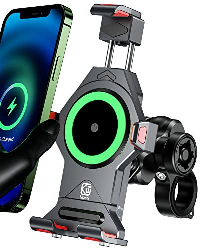 BRCOVAN Aluminiumlegierung Motorrad Handyhalterung mit Qi 15W Drahtloses Ladegerät und Vibrationsdämpfer, IP66 Wasserdicht Einstellbar Outdoor Lenker Handy Halterung für 4,7-7,2 Zoll Smartphone