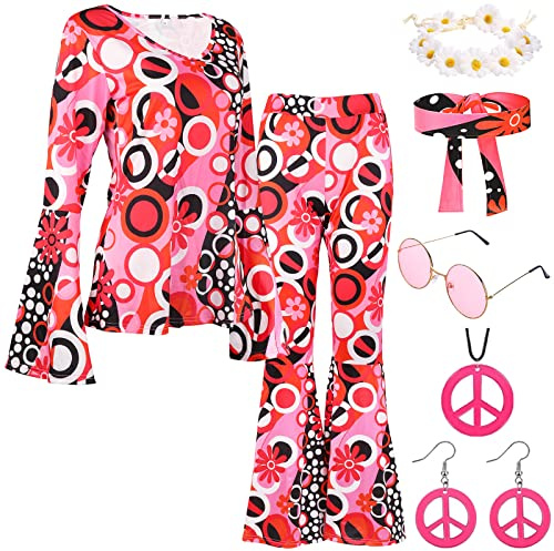 YADODO Hippie Kostüm Damen Set mit Oberteil Schlaghose Accessoires 60er 70er Bekleidung Damen Hippie Kleidung Frauen Disco Outfit 70er Mode Flower Power Boho Faschingskostüm für Motto- Party