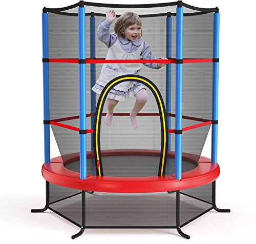 GYMAX Trampoline Extérieur Enfants ∅165CM avec Filet de Sécurité, Conception sans Couture Entre Filet et Tapis, 6 Poteaux Recouvert de Mousse, Cadre en Acier, Charge Max 135KG (Bleu)