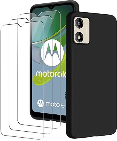 KUSINHOKA Funda para Motorola Moto E13 + [3 Pack] Cristal Templado, Suave Silicona [Anti-Choque] Carcasa Protectora, Ultra Fina [Anti-arañazos] Caso Carcasa para Motorola E13 - Negro