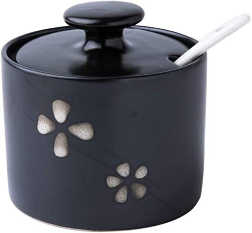 ANVALI Sucrier/Pot, récipient d'assaisonnement à sel, Pot à épices, salière Florale en céramique de Style Japonais avec Couvercle et cuillère 10 onces (Noir)