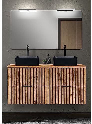 Lomadox Waschplatz mit 121 cm Doppelwaschtisch Keramik Aufsatzwaschbecken Spiegel LED Aufsatzleuchten anthrazit Wotan Eiche Nb. Rillen schwarz B/H/T 121/200/46,5 cm