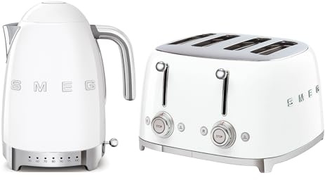 Smeg KLF04WHUK Jug Kettle with Acoustic Alarm, 3KW, 1.7L & Smeg TSF03WHUK 4 Slice Toaster, Extra Wide Slots, White