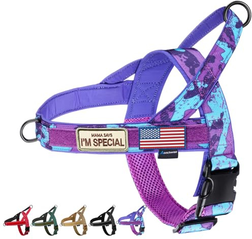 Annchwool No Pull Dog Harness with Soft Padded Handle,Escape Proof and Quick Fit to Adjust Dog Harness,Easy for Training Walking for Small & Medium and Large Dogs(Camo Purple,L)