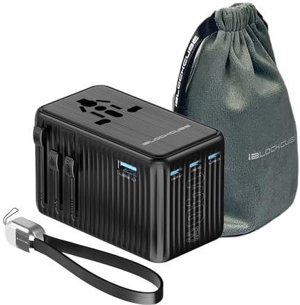 iBlockcube Universal Travel Adapter, 140W GaN Technology, EU/UK/AUS/US/JP Worldwide, Fast Charging for iPhone, MacBook pro, Vision Pro, Charging Cable Included Black