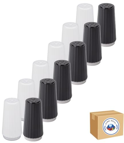 Disposable Plastic Salt and Pepper Shakers by Global Basics - Shaker Sets for Parties, Restaurants, Picnics, Cookouts - Prefilled Salt and Pepper Shakers with 4oz. Salt, 1.5oz. Pepper - 12-Pack