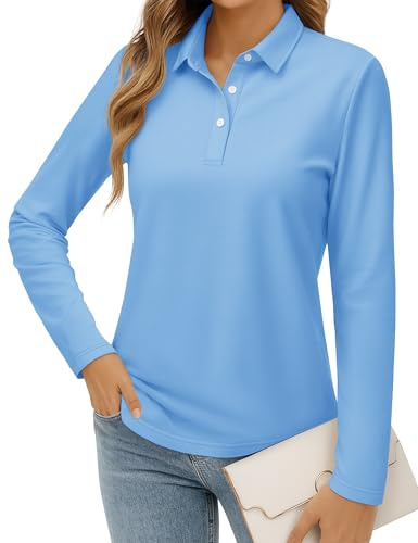 MAGCOMSEN Women's Cotton Polo Shirts Long Sleeve Casual Collared Tops Breathable Moisture Wicking Golf Shirt, Waterfall Blue, S
