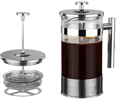 BENI SOIS-TU 34 oz French Press Coffee Maker - Borosilicate Glass, Coffee Brewer, Stainless Steel Plunger, Tea Press for loose Tea, Heat Resistant, Silver