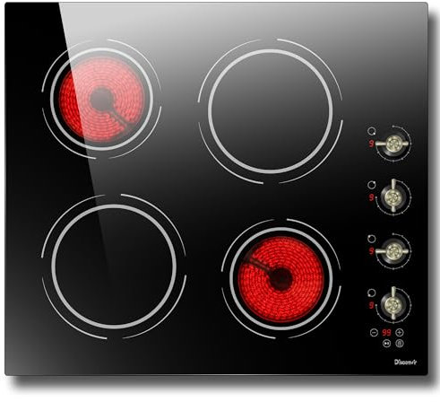 Disaenvir Ceramic Hob 4 Burners, Built in 4 Zones Electric Hob with Knob, 6000W Ceramic Cooktop 60cm con 9 Power Levels, Pause Control, Child Lock, No Plug