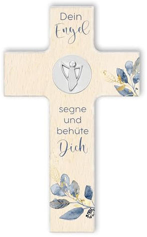 Fritz Cox Holzkreuz Dein Schutzengel segne und behüte Dich - mit Engelmünze | ein christliches Geschenk für Kinder und wunderschön im Kinderzimmer natur, 15cm
