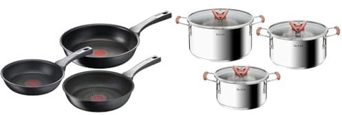 Tefal Unlimited On - 20/24/28 cm con revestimiento muy resistente, Thermo-Signal, Thermo-Fusion & OptiSpace - Juego de 3 Ollas+ 3 tapas: Ollas de 18, 20 y 24 cm de acero inoxidable