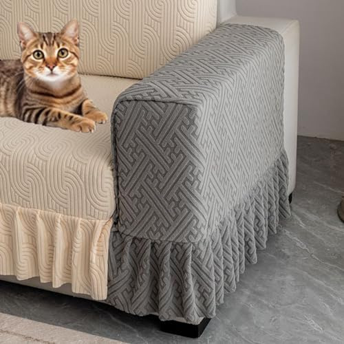 MOTTK Copribracciolo grande per divano, copertura per bracciolo in jacquard spesso ed elasticizzato, con design con bordo gonna, facile da pulire, antiscivolo, per gatti, 120 cm (2, grigio scuro)