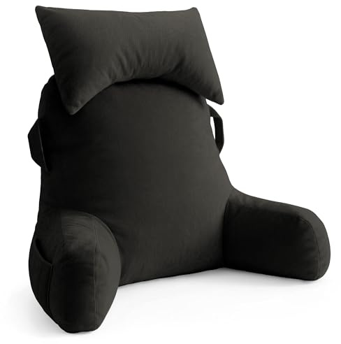 Unisakey Tragbares Lesekissen mit Kopfstütze zum Sitzen im Bett (grau, Oeko-Tex), Samt-Rückenkissen mit Armen und Taschen für Erwachsene, stützendes Memory-Foam-Bettkissen für Schlafsaal, Lesen