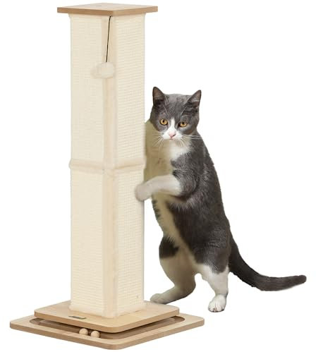 PawHut Kratzsäule für Katze 87 cm hoch Kratzbaum klein mit Spielball Sisalseil Kratzstamm Katzenbaum Sisalstamm für Katzen Eiche