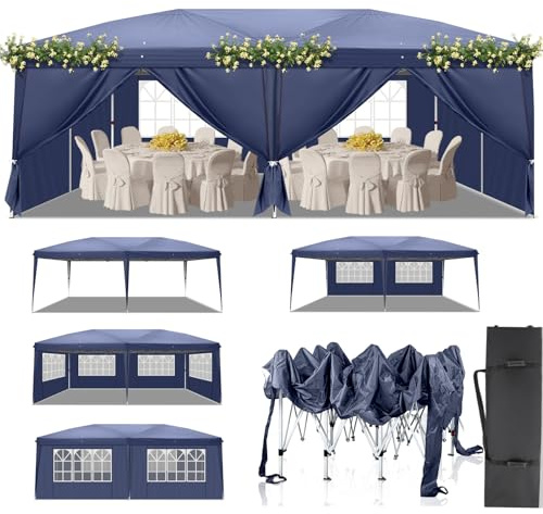 LEADZM Tonnelle de Jardin Pliable 3 x 6 m, Bleu | Pop-up, Réglable en Hauteur, Protection UV 50+, Avec 6 Côtés, Cadres en Acier