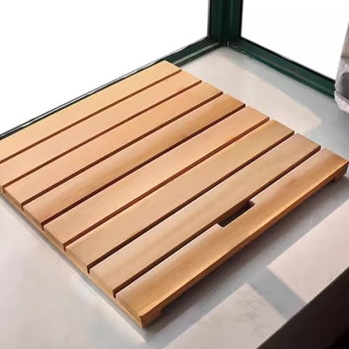 Tapis de bain multifonction en bambou résistant à l'eau Motif caillebotis antidérapant Pieds et poignée Idéal pour douche, cuisine, baignoire et toilettes 130 x 50 cm