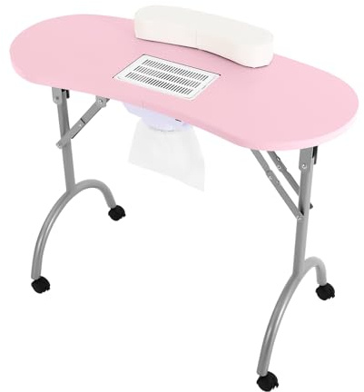Nagelbord med sugning, vikbart manikyrbord, bärbart nagelbord med hjul och dammpåse, 90 x 40 x 72,5 cm, mobilt manikyrbord för hushåll, nagelstudior, skönhetssalonger kontor, rosa