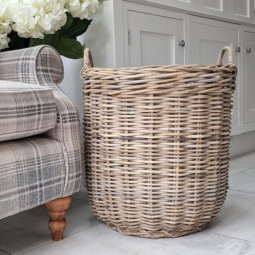 Handwoven Rattan Storage Basket with Handles, Natural Wicker, Extra Large Log Basket, Round Rattan Storage, XL Storage
