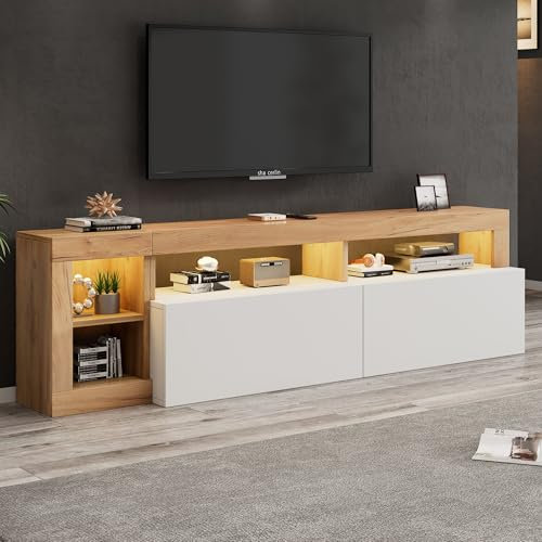 Merax TV Schrank mit LED-Licht, Fernsehtisch mit 2 Klapptür und Offenes Fach, Moderner Fernsehschrank Lowboard für 80 Zoll TVs, TV Board Sideboard für Wohnzimmer und Esszimmer, 184cm, Weiß & Holzfarbe