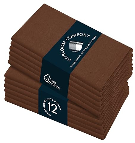 HEIRLOOM COMFORT Tovaglioli di stoffa marrone, 100% cotone, morbidi, resistenti, assorbenti, lavabili, confezione da 12, ideali per primavera, riunioni estive, fattoria, matrimoni rustici